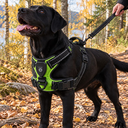 LysSele i grønn på svart labrador på skogstur i dagslys, med håndtak og ring på ryggen