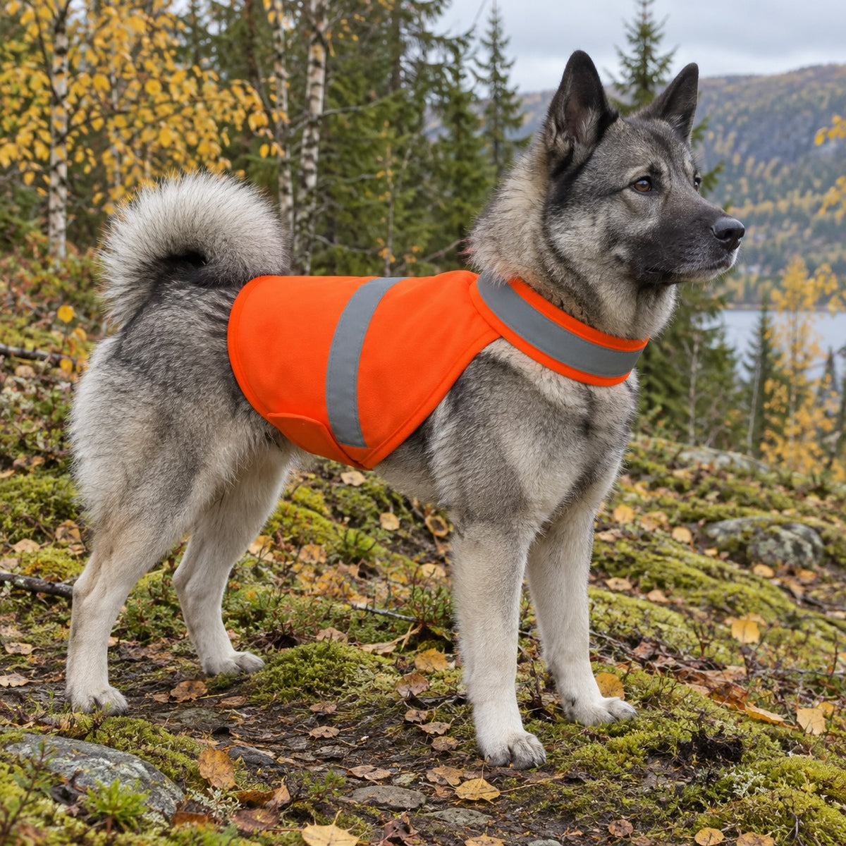 Grå elghund med oransje refleksvest i norsk høstskog