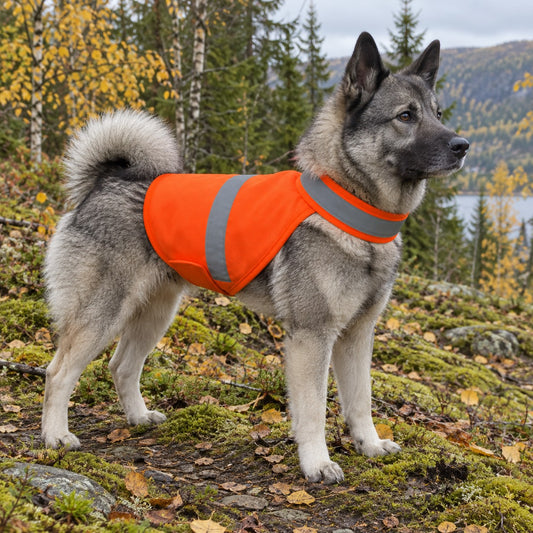 Grå elghund med oransje refleksvest i norsk høstskog
