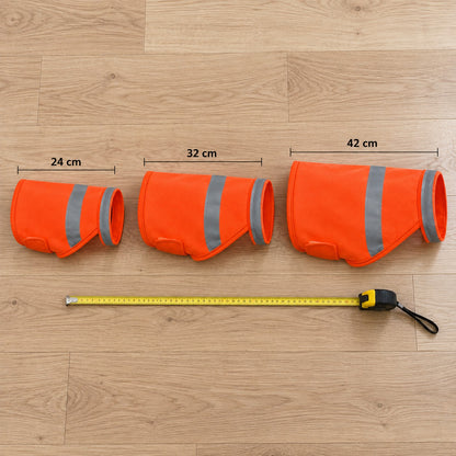 Refleksvest for hund i tre størrelser med ryggmål 24, 32 og 42 cm