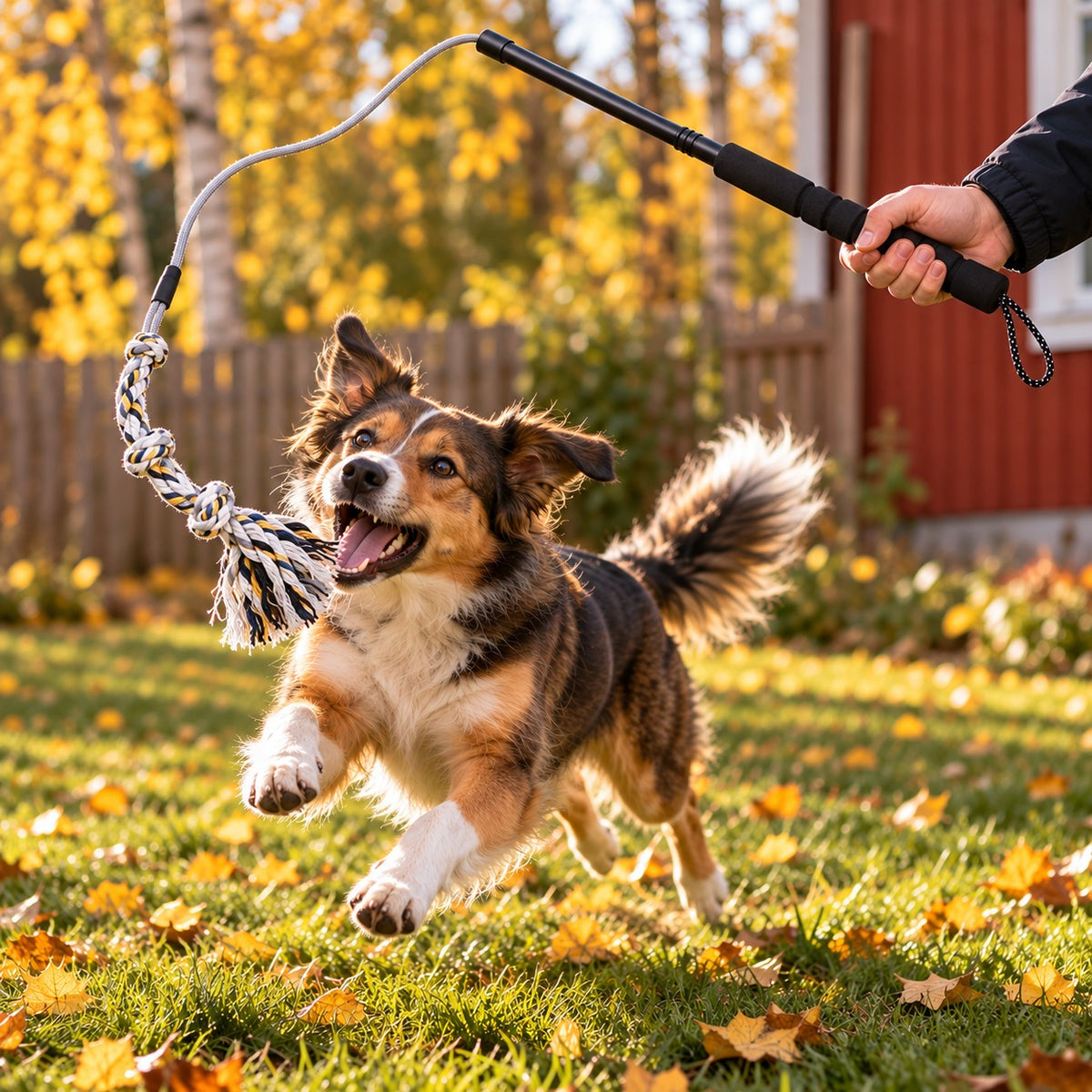Glad hund jager tauet på lokkestangen over plenen om høsten mens eieren holder skumgrepet