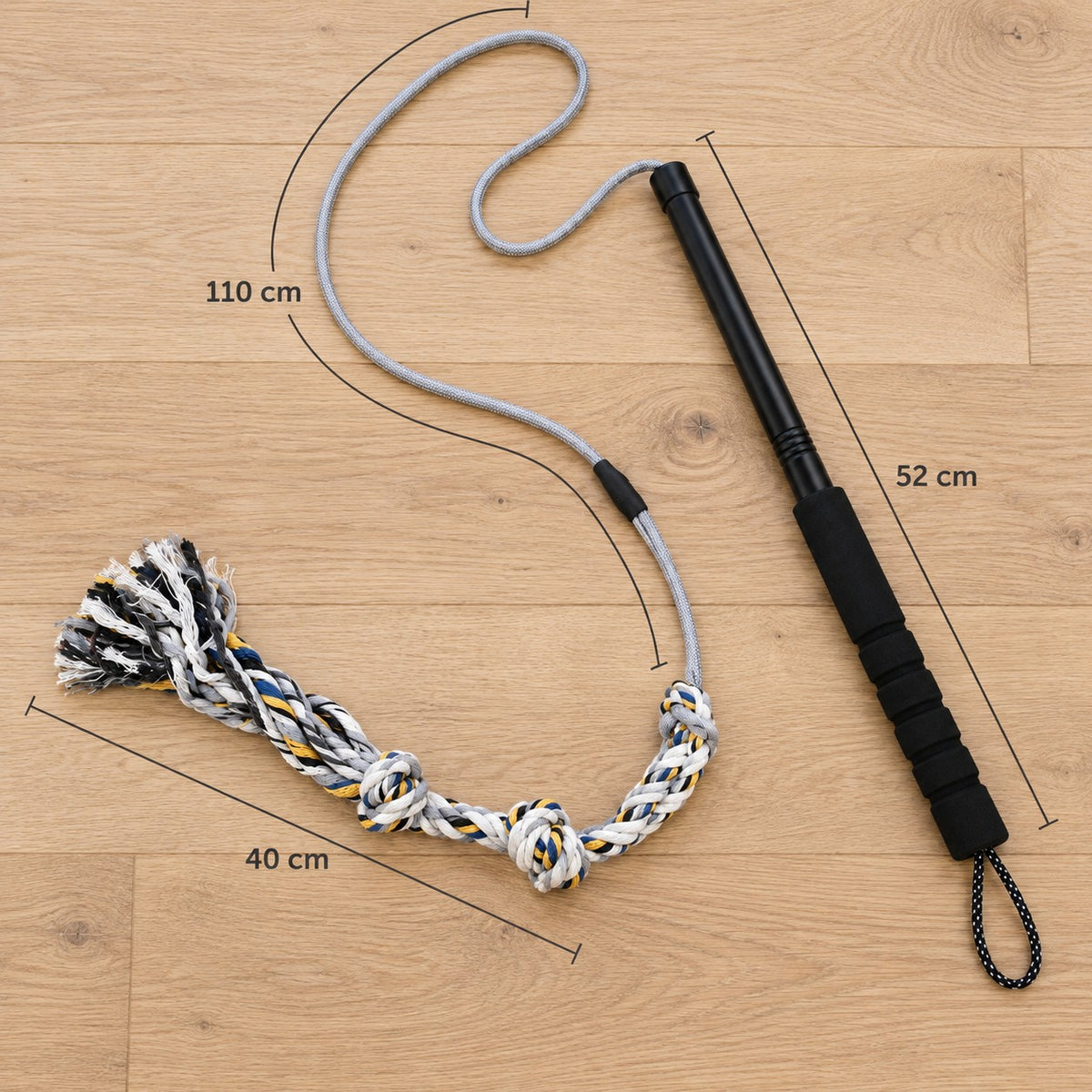 Lokkestang for hund med mål: stang 52 cm, snor 110 cm og knutetau 40 cm