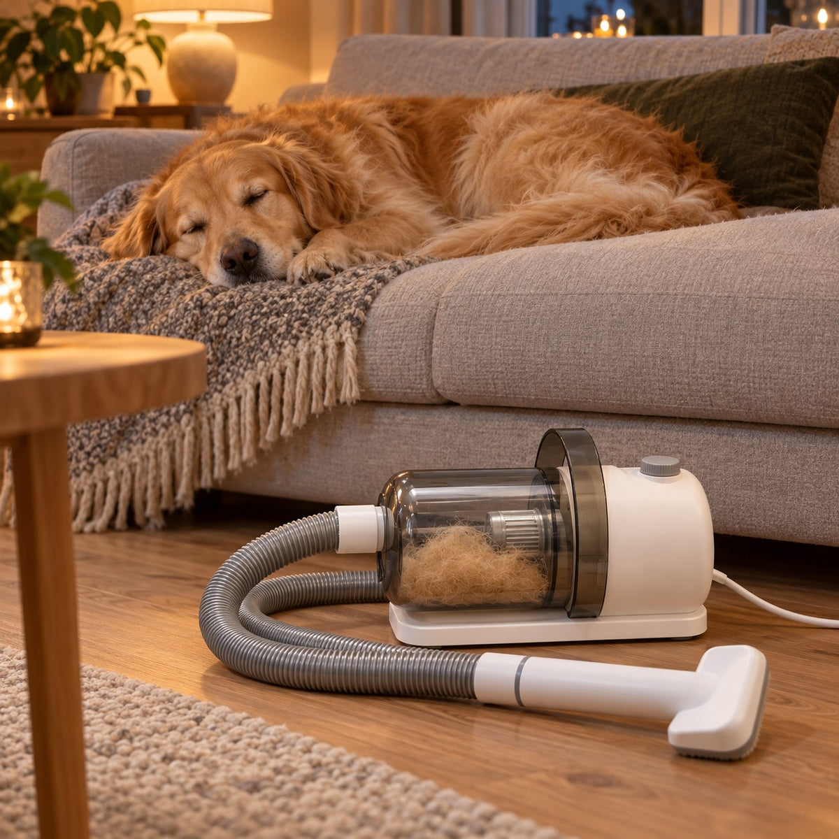 PelsVac med hundehår i beholderen foran sofaen der en nybørstet golden retriever sover