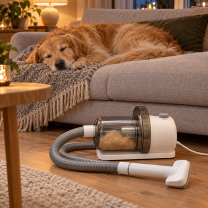 PelsVac med hundehår i beholderen foran sofaen der en nybørstet golden retriever sover