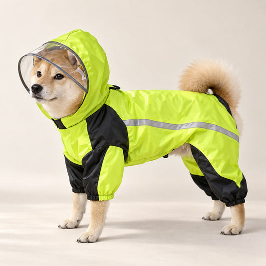 Heldekkende regndress for hund i neongult med hette og klar skjerm