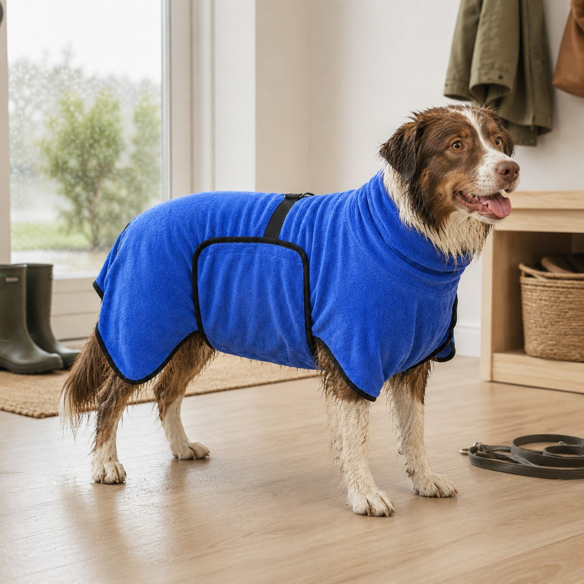Hund med TørrPels hjemme etter regn