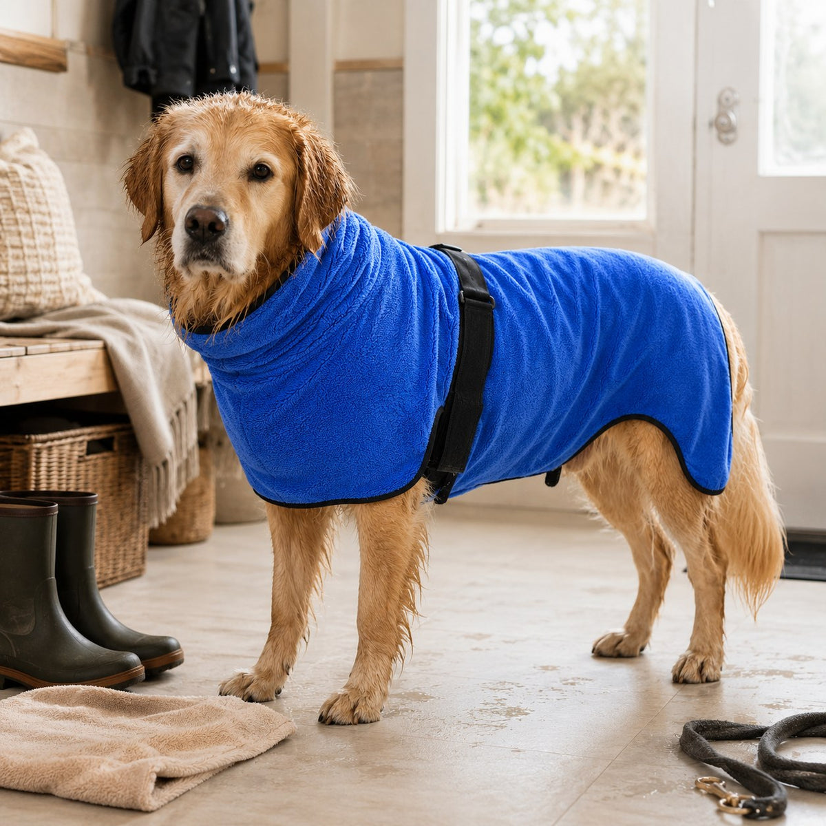 Hund med TørrPels hjemme etter våt tur